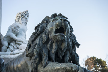 Bronze lion sculpture, oldest street in the capital of Spain, th