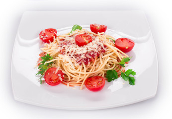 Spaghetti with tomato basil and cheese.