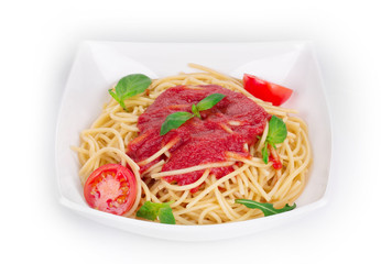 Pasta with tomato sauce and basil.