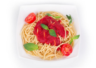 Pasta with tomato sauce and basil.