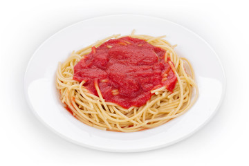 Pasta with tomato sauce and basil.