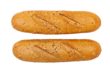 Baguette bread with various cereals isolated on a white