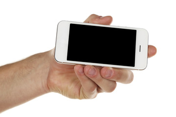 Hand holding mobile smart phone isolated on white
