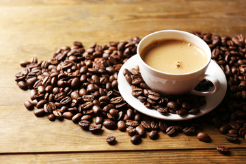 Cup of coffee on wooden table