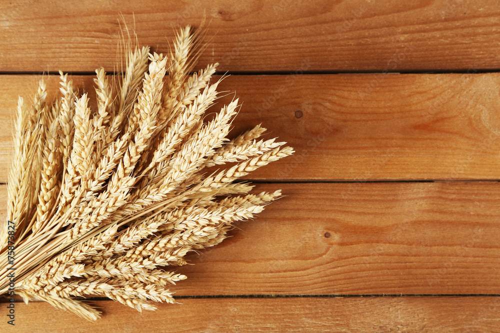 Poster Spikelets of wheat on wooden background