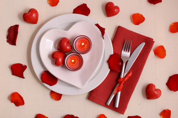 Festive table setting for Valentines Day on light background