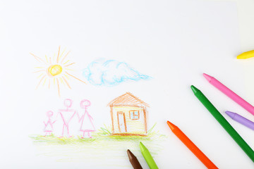 Drawing made by child with colorful pencils, closeup view
