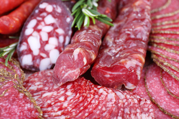 Sliced smoked sausages, macro view