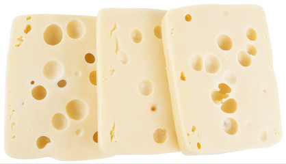 3 slices of cheese on white background. isolated with clipping path.