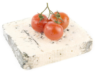 blue cheese with cherry tomatoes on the top