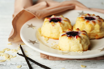 Delicious cheesecakes on wooden table