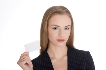 Business woman holding personal card.