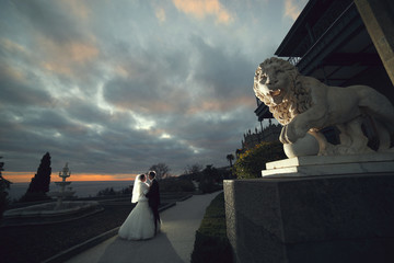 Wedding theme bride groom embracing at sunset near statue lion
