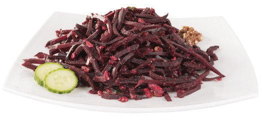 Fototapeta premium grated beetroot in a white dish. isolated on white background.