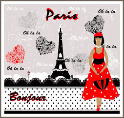 Vector Postcard with France Image. Frenchwoman