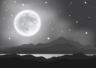 Fototapeta na wymiar Full Moon over mountains and lake. Night landscape.