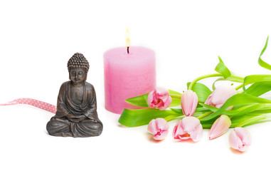 Buddha, Tulpen, Kerze, Zen