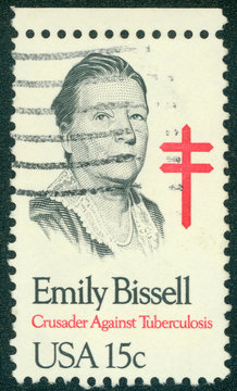 stamp printed in USA, shows a Emily Bissell
