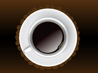 Coffee cup, top view on brown background