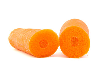Two carrot halves on white background.