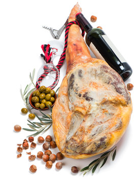 Ham, olives, wine and hazelnuts