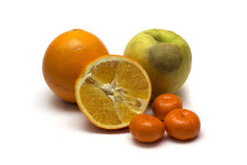 Apples, oranges and tangerines. Fruits. Photo.