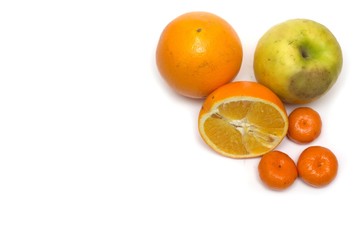 Apples, oranges and tangerines. Fruits. Photo.