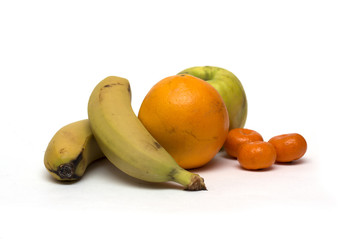 Apple, banana, orange and tangerine. Photo.