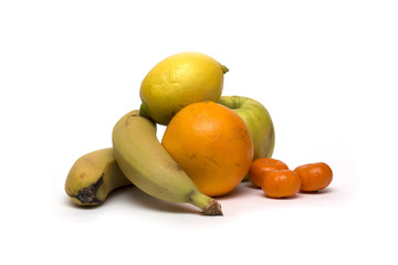 Fruits - banana, apple, orange, lemon and tangerine. Photo.