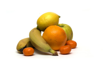 Fruits - banana, apple, orange, lemon and tangerine. Photo.