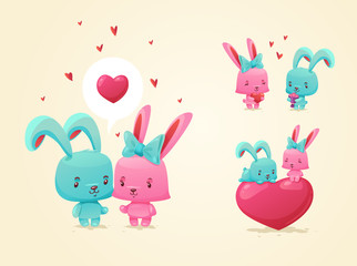 Couple in love. Set of funny pictures happy rabbits. Idea for