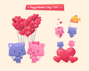 Vector cartoon illustration of couple cute cats. Make give and