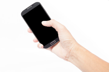 mobile phone in male hand on a white background