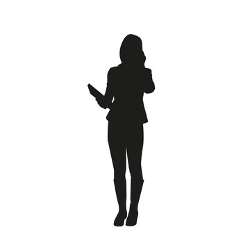 Business woman with phone and book. Vector silhouette