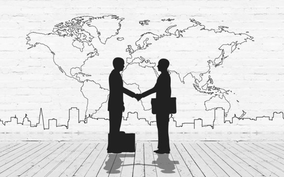 Two business man shake hand silhouettes city