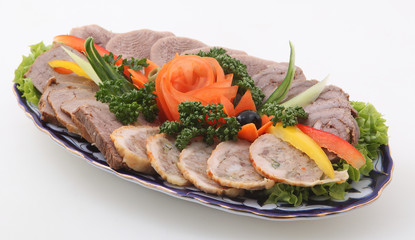 Cutting from beef tongue, boiled porks and minced roll