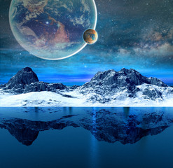 Mountains and beautiful transparent sea on alien planet