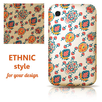 Set of seamless texture and phone cover decorated in orange flor