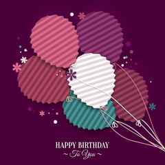 Birthday card with balloons in the style of flat folded paper.