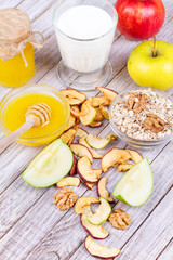 Apple Chips, Fresh Apples, Honey, Milk, Oat Flakes and Walnuts
