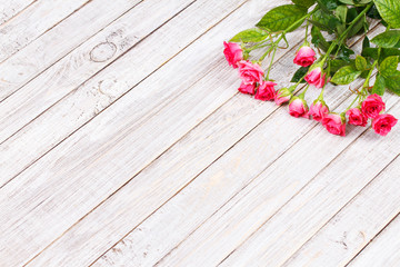 Fototapeta premium Red roses on wooden backround. Copy space