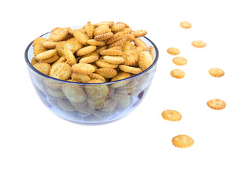 Small snack crackers in blue bowl