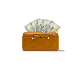 Purse with hundred dollar banknote isolated on white background