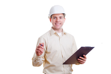 Engineer in helmet writing something
