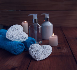 Obraz na płótnie Canvas Bathroom and spa, towels, bath, bathroom hearts for Valentine's