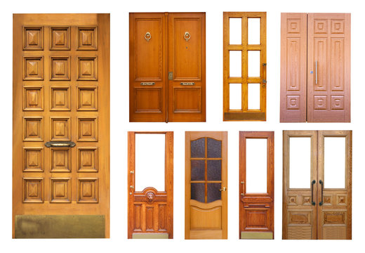 Set of wooden doors on white