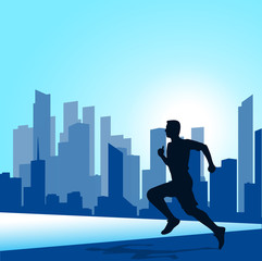 running man against the city. silhouette of the sprinter