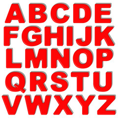 Lettere 3d rosse, alfabeto font isolato su fondo bianco