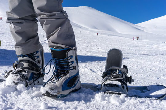 Close Up Of Ski Shoes On A Skier