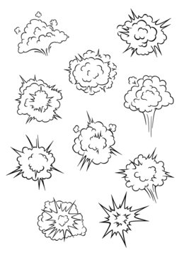 Assorted cartoon explosion effects and clouds